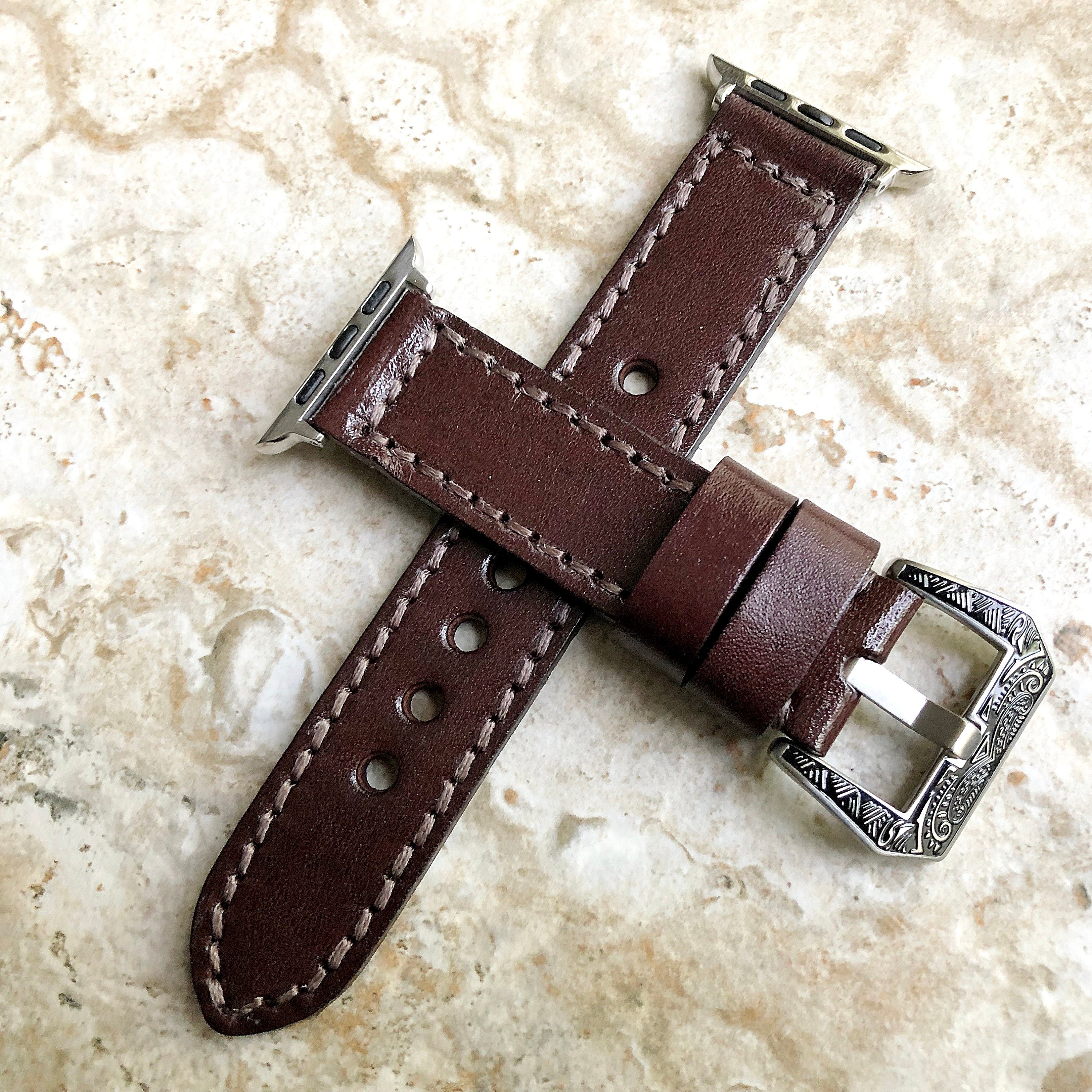Apple Watch Brown Band for Ultra 2 9 8 7 6 SE 5 4 3 2 Case 38mm 40 41 42 44 45mm 49mm Stitched Handmade Thick Durable Leather Strap Bracelet